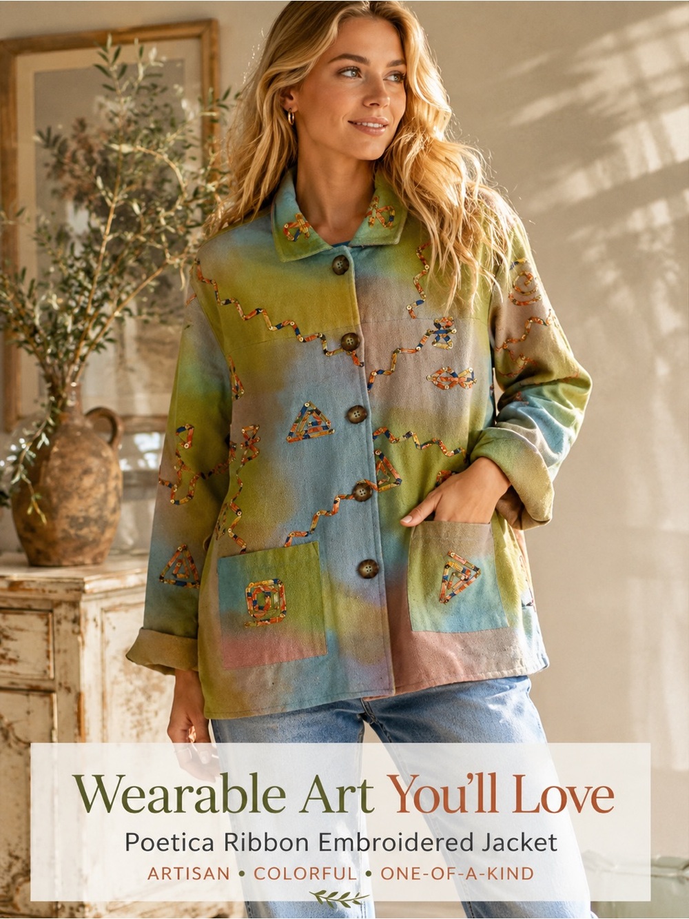 Poetica Wearable Art Ribbon Embroidered Jacket | Boho Artisan Patchwork Coat